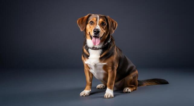 Elegant Dog Sitting on Neutral Minimal Floor Inside Studio photo