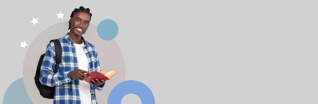 A student smiles while holding a book, ready to learn in a modern educational environment. The background features stylish design elements that enhance the contemporary feel. photo