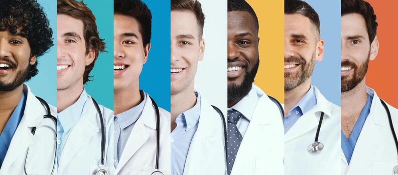 A set featuring a group of doctors from different backgrounds. Each individual wears a lab coat and stethoscope while smiling against colorful backdrops. photo
