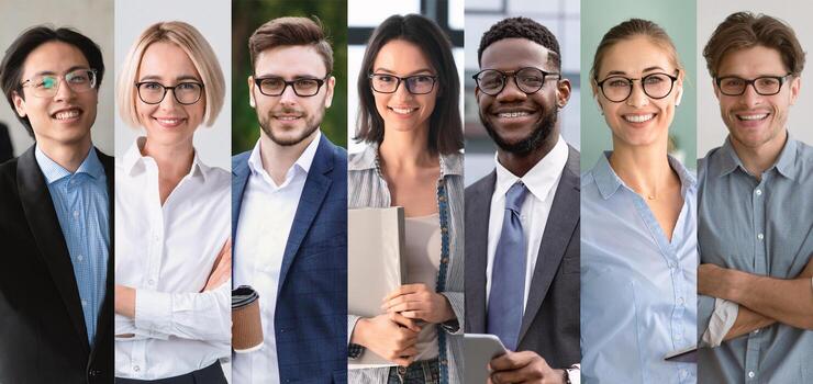 A diverse group of business professionals collaborate in a sleek office environment. They display smiles and engage in conversation, reflecting teamwork and mutual respect. photo