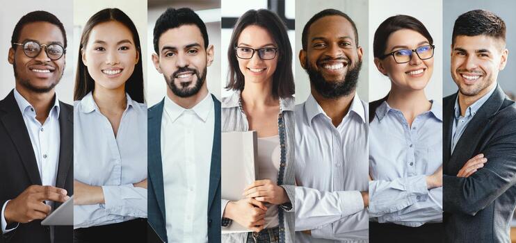 A group of diverse business professionals representing various genders collaborate in a modern office setting. They smile and display confidence, showcasing teamwork and unity. photo