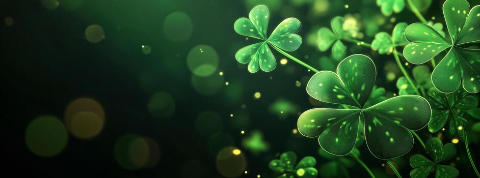 Green Clovers Shining Under Soft Light in a Tranquil Forest Setting During Early Morning Hours photo