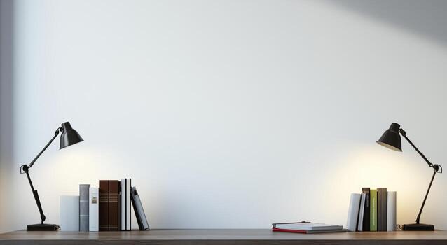 Modern Workspace With Lamps, Books, and Laptop on a Minimal Desk in a Bright Environment. photo