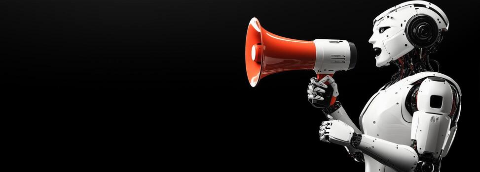 Robot Holding a Megaphone and Preparing to Make an Announcement in a Futuristic Setting photo
