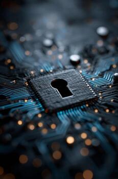 Digital Security Lock on Circuit Board With Glowing Elements in a High-Tech Environment. photo