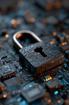 Cybersecurity Lock on Circuit Board Showcasing Technology and Protection photo