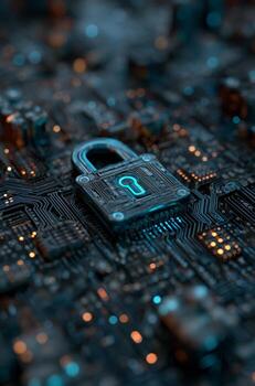 Digital Security Lock on Circuit Board With Glowing Elements in a High-Tech Environment photo