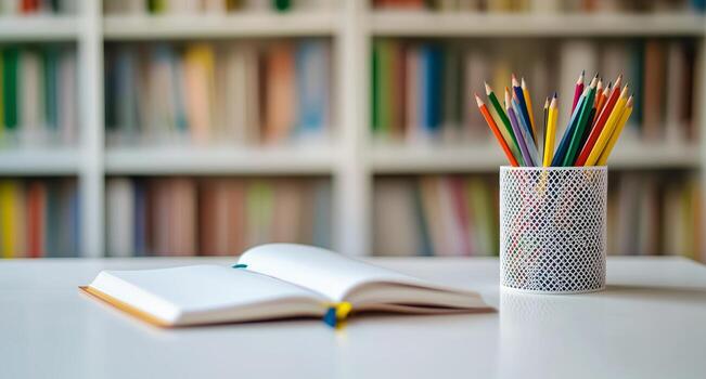 Colorful Pencils and an Open Book on a Table in a Bright Library Setting With Shelves of Books. photo