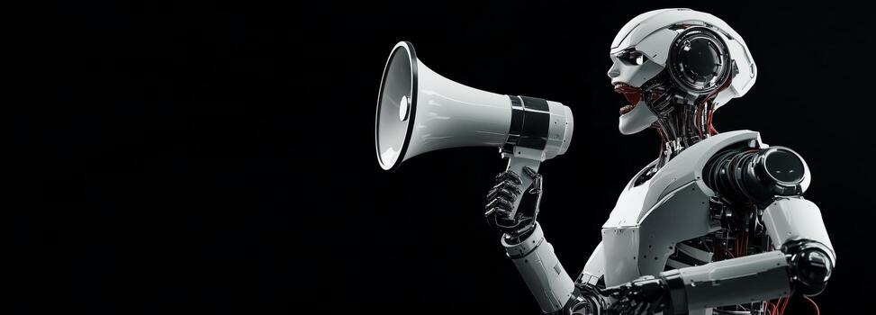 Robot Holding Megaphone, Promoting Technology Innovations in a Sleek Studio Setting. photo