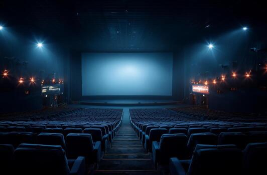 Empty Theater With Dim Lighting and a Large Projection Screen Ready for the Next Show photo