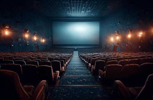 Empty Theater With Dim Lighting and a Large Projection Screen Ready for the Next Show. photo