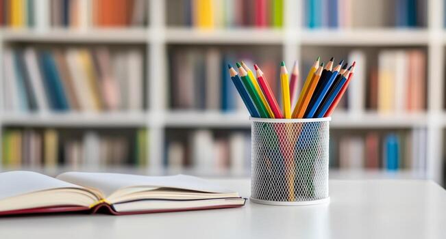 Colorful Pencils and an Open Book on a Table in a Bright Library Setting With Shelves of Books photo