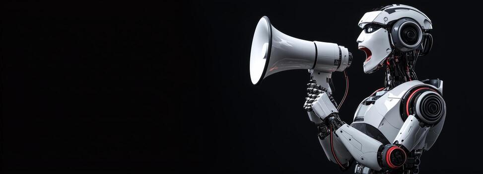 Robot Holding Megaphone, Promoting Technology Innovations in a Sleek Studio Setting photo