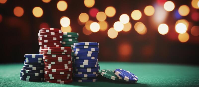 Colorful Poker Chips Stacked on a Table During an Evening Card Game Gathering photo
