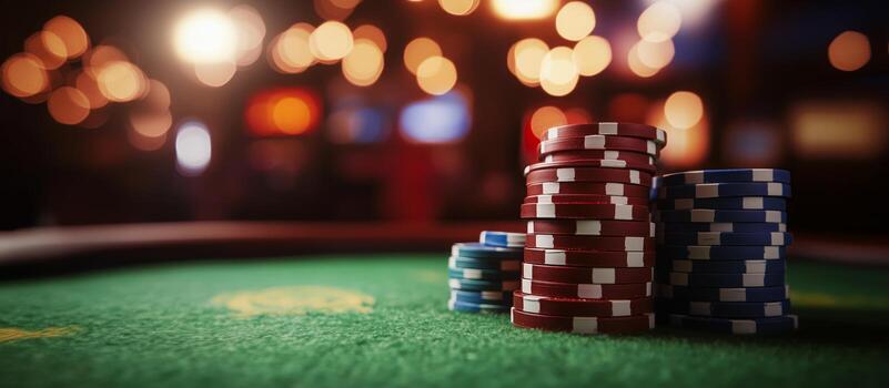 Colorful Poker Chips Stacked on a Table During an Evening Card Game Gathering. photo