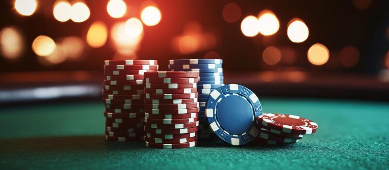 Stacks of Poker Chips on Green Felt Table at Night With Glowing Lights in the Background photo