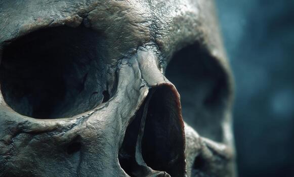 Skull Close-Up Highlighting Intricate Details in a Dark, Atmospheric Setting photo