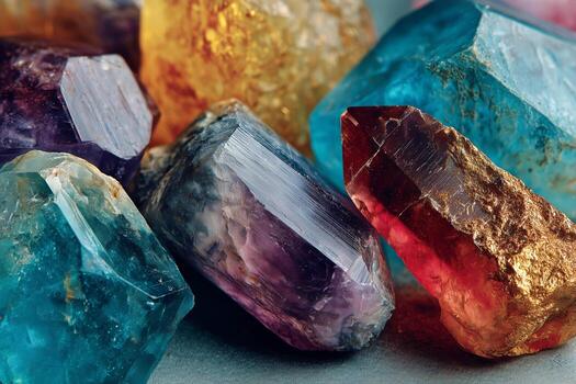 vistoso cristales y piedras preciosas mostrando intrincado patrones y vibrante matices arreglado ingeniosamente foto