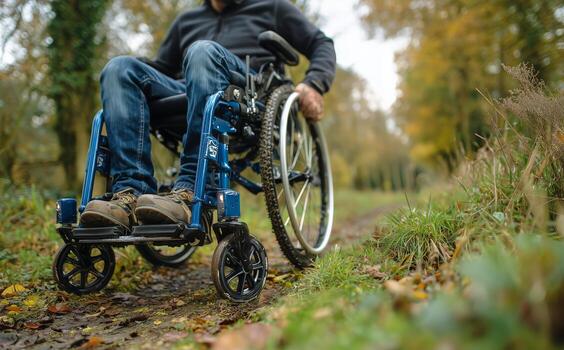 Man in Wheelchair Navigating a Forest Path During Autumn photo