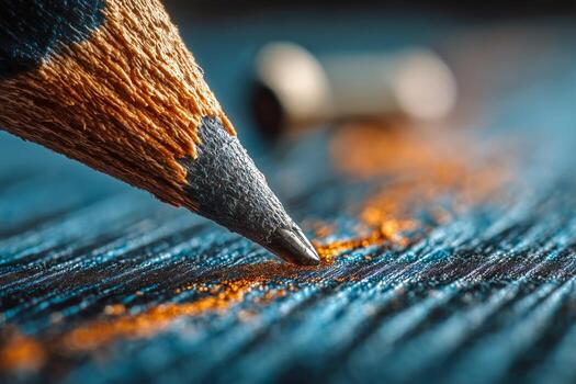 Close up of Sharpened Colored Pencil on Textured Paper With Shavings Scattered Around. photo