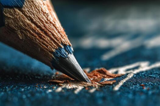 Close up of Sharpened Colored Pencil on Textured Paper With Shavings Scattered Around photo