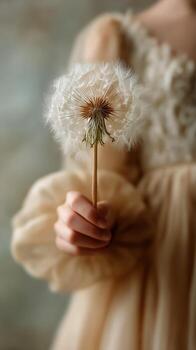 Girl Holding Dandelion Fluff in Gentle Sunlight With Soft Fabric Attire in a Serene Indoor Setting photo