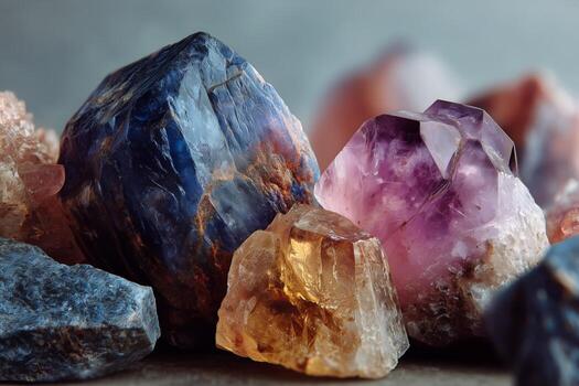 vistoso cristales y piedras preciosas mostrando intrincado patrones y vibrante matices arreglado ingeniosamente. foto