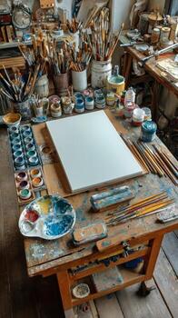 Creative Workspace Filled With Art Supplies and a Blank Canvas in a Bright Studio. photo