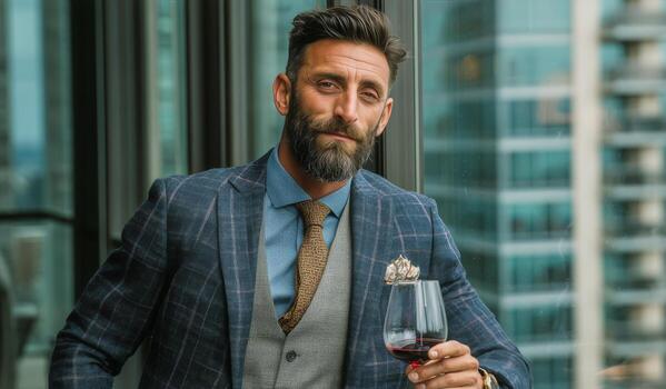Man in Formal Attire Holding Wine Glass While Looking Confidently out of a High-Rise Window photo