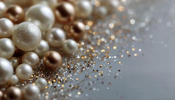 Sparkling Holiday Decorations Featuring Golden and White Ornaments Arranged on a Glossy Surface. photo