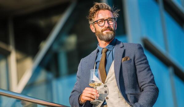 Man in Formal Attire Holding Wine Glass While Looking Confidently out of a High-Rise Window. photo