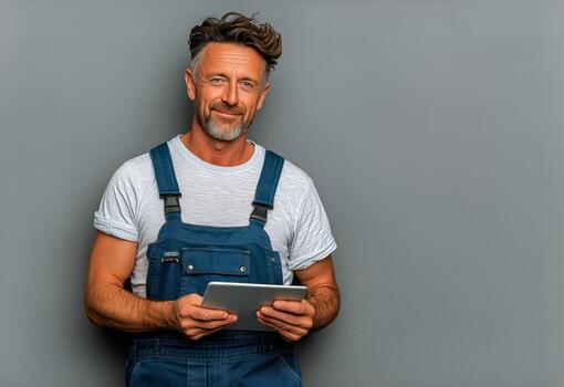 Skilled Worker Using Tablet for Project Planning in Home Workspace Environment photo