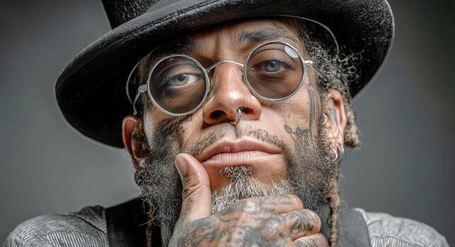 Man With Tattoos and Stylish Hat Poses Confidently With Hand on Chin in an Artistic Setting photo