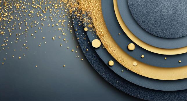 Modern Abstract Design With Gold and Blue Circles and Sparkling Particles on a Dark Background photo