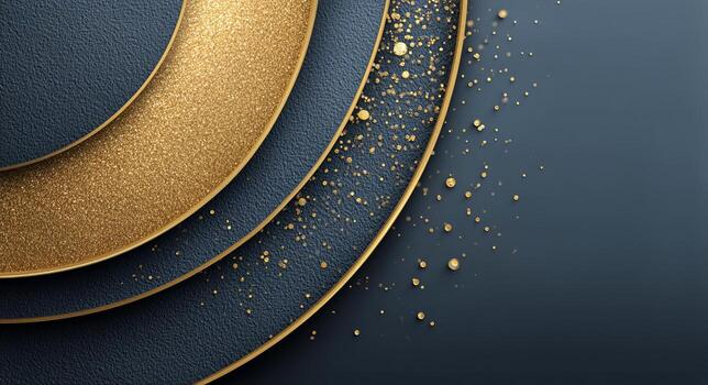 Modern Abstract Design With Gold and Blue Circles and Sparkling Particles on a Dark Background. photo