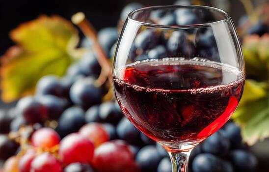 Rich Red Wine in a Glass With Fresh Grapes in a Rustic Setting photo