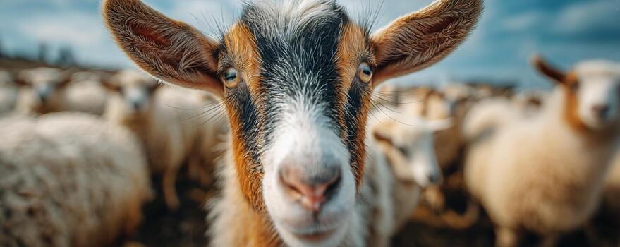Close Encounter With a Goat Among a Flock in a Sunny Pasture During a Clear Day photo