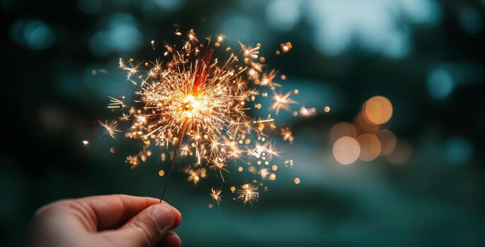 Sparkler Held by a Hand at Dusk, Illuminating the Surroundings With Festive Light photo