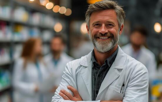 sonriente científico en un moderno laboratorio con colegas en el antecedentes durante trabajando horas foto