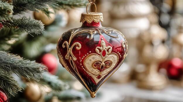 Decorative Red and Gold Heart-Shaped Ornament Hanging on a Christmas Tree in Festive Winter Setting photo