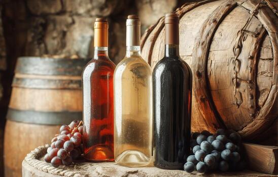 Wine Bottles and Grapes Displayed Near Barrels in a Rustic Cellar photo