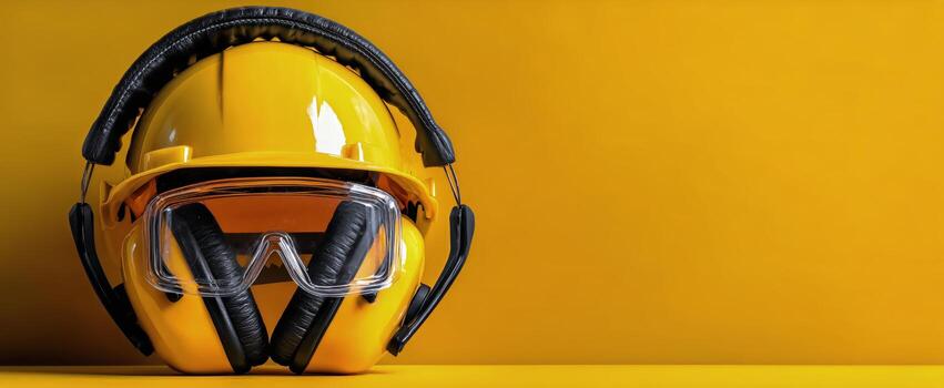 Yellow Hard Hat and Safety Goggles Rest on a Bright Background in a Construction Setting photo
