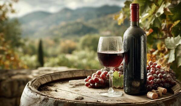 Elegant Red Wine and Grapes Crafted on a Rustic Barrel in a Scenic Vineyard photo