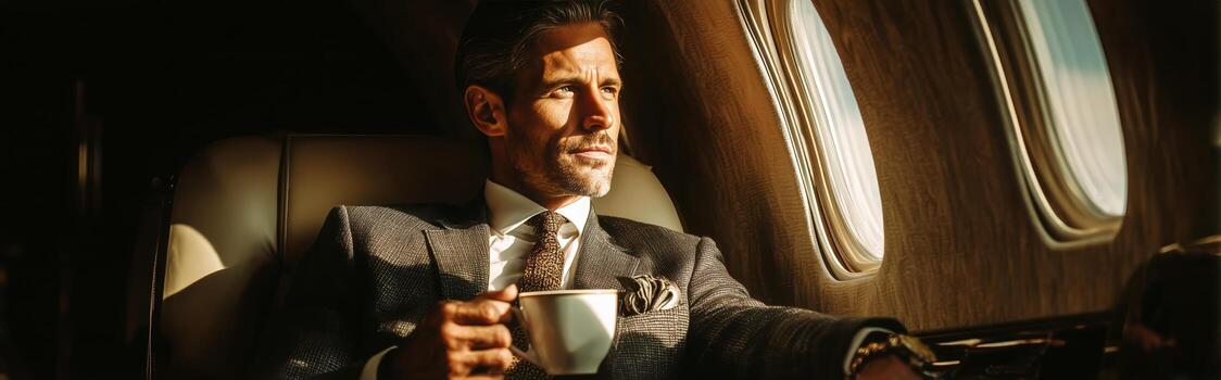 Man Enjoying a Coffee in a Luxury Private Jet During Sunset photo