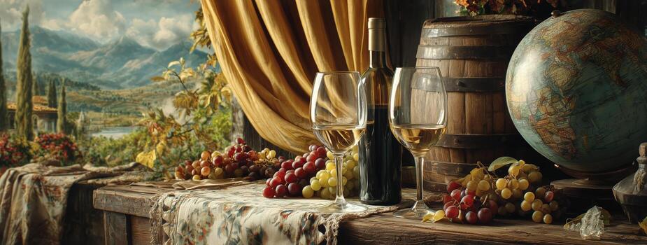 Elegant Wine Display With Grapes and Globe Beside a Wooden Barrel in a Countryside Setting. photo
