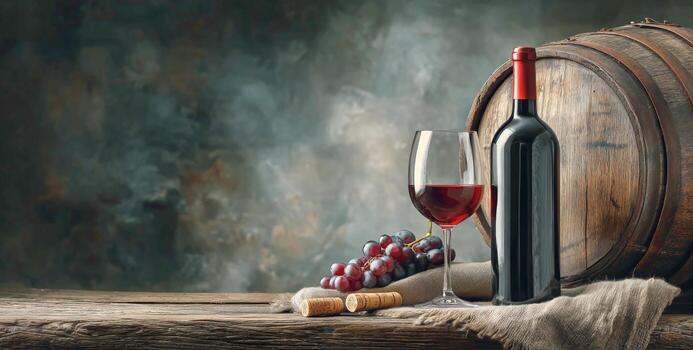 Elegant Red Wine Glass and Bottle Next to Wooden Barrel With Grapes on Rustic Table photo