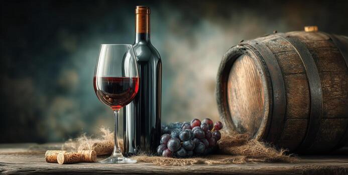 Elegant Red Wine Glass and Bottle Next to Wooden Barrel With Grapes on Rustic Table. photo