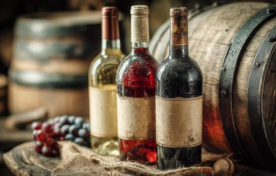 Wine Bottles and Grapes Displayed Near Barrels in a Rustic Cellar. photo