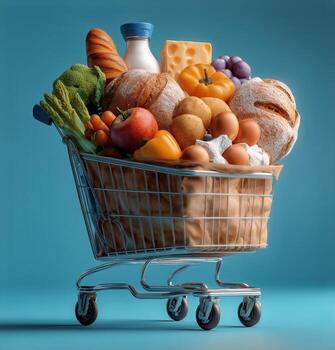 Grocery Shopping Cart Filled With Fresh Produce and Bakery Items on a Blue Background photo