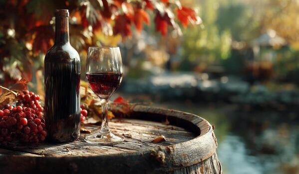 Elegant Red Wine and Grapes Crafted on a Rustic Barrel in a Scenic Vineyard. photo